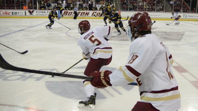 BC men's hockey outlasted Merrimack in a battle of Hockey East foes by a score of 2-1. The Eagles are 26-0-3 in their last 29 games against the Warriors at home.