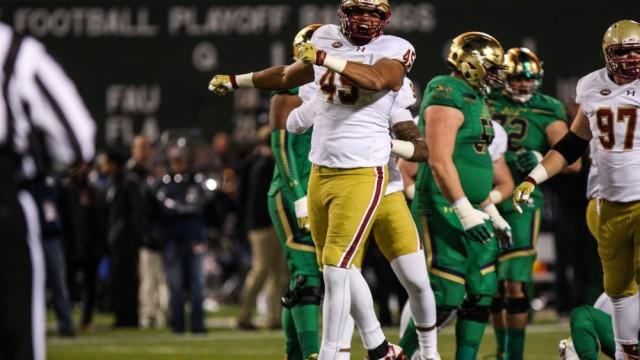 The Eagles forced five turnovers in their Shamrock Series game against No. 4 Notre Dame, but the offense comes up short in BC's eighth loss of the season. 