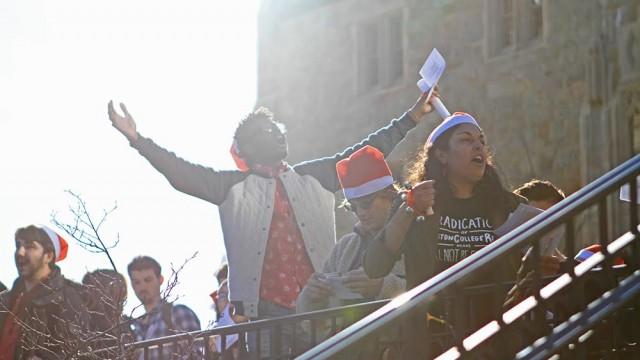 Eradicate BC Racism gathered in front of Gasson and traveled around campus singing to alternative Christmas carols.