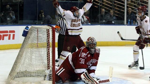 With a strong defensive effort and consistent pressure on Harvard's weak blue line, the Eagles advance in the Northeast Regional Final against Duluth.