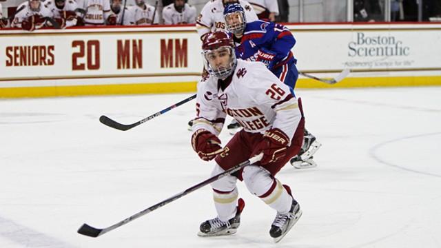 Though small in stature, Austin Cangelosi's leadership, skill on faceoffs, and dirty penalty shots have made him BC men's hockey's most dangerous forward.