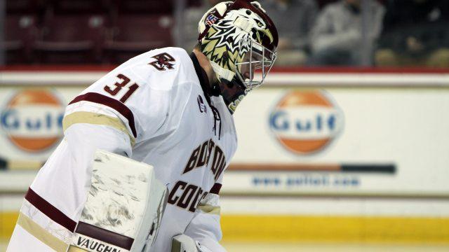 The Eagles' freshman goaltender put up 27 saves against the Friars, lifting them to a 3-1 victory.