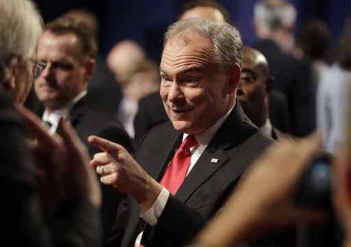 Democratic vice-presidential nominee Sen. following the vice-presidential debate with Republican vice-presidential nominee Gov. Mike Pence at Longwood University in Farmville, Va., Tuesday, Oct. 4, 2016. (AP Photo/Julio Cortez)