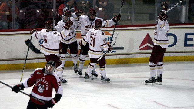 Boston College men's hockey attacked Northeastern's Ryan Ruck with four top-shelf goals in a 5-3 win at Kelley Rink.