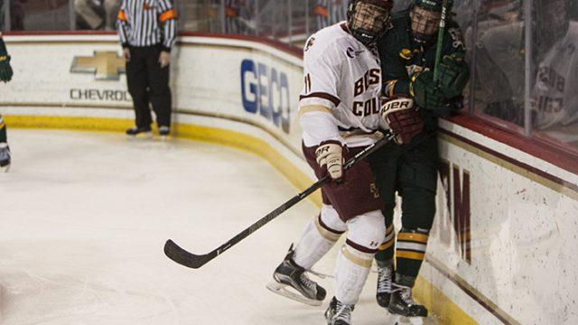Austin Cangelosi scored the fastest goal in Hockey East playoff history en route to the Eagles' 7-0 blowout over Vermont.
