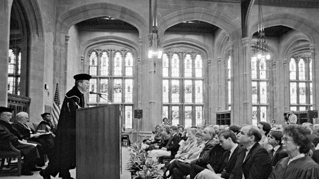 Dedication of renovated Bapst and Burns Libraries on April 22, 1986.