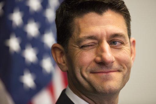 House Speaker Paul Ryan of Wis. winks during a news conference after a GOP caucus meeting on Capitol Hill in Washington, Wednesday, April 26, 2017. (AP Photo/Evan Vucci)