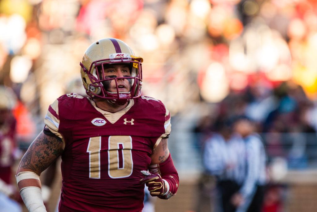 Linebacker Ty Schwab runs off the field during a game this season.
