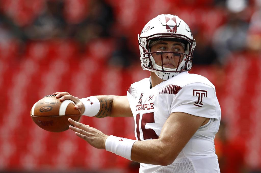 Temple quarterback Anthony Russo throws to a receiver in the first half of an NCAA college football game against Maryland, Saturday, Sept. 15, 2018, in College Park, Md. (AP Photo/Patrick Semansky)