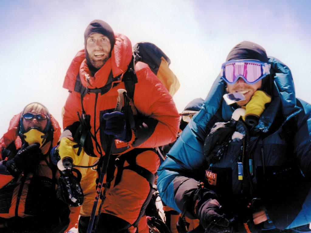 Erik Weihenmayer, Jeff Evans, and Eric Alexander on the summit of Mt. Everest.