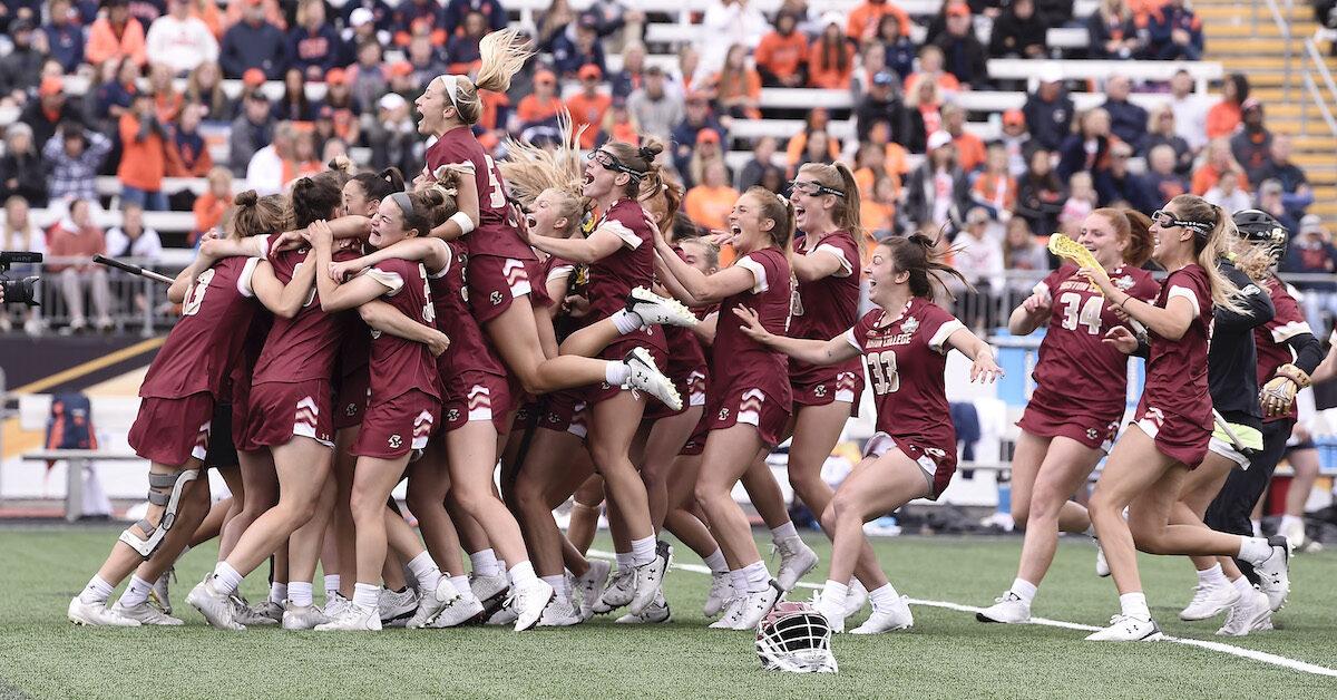 TOWSON, MD - MAY 30: The Boston College Eagles celebrate after winning the Division I Women’s Lacrosse Championship 16-10 against the Syracuse Orange held at Johnny Unitas Stadium on May 30, 2021 in Towson, Maryland. (Photo by Greg Fiume/NCAA Photos via Getty Images)