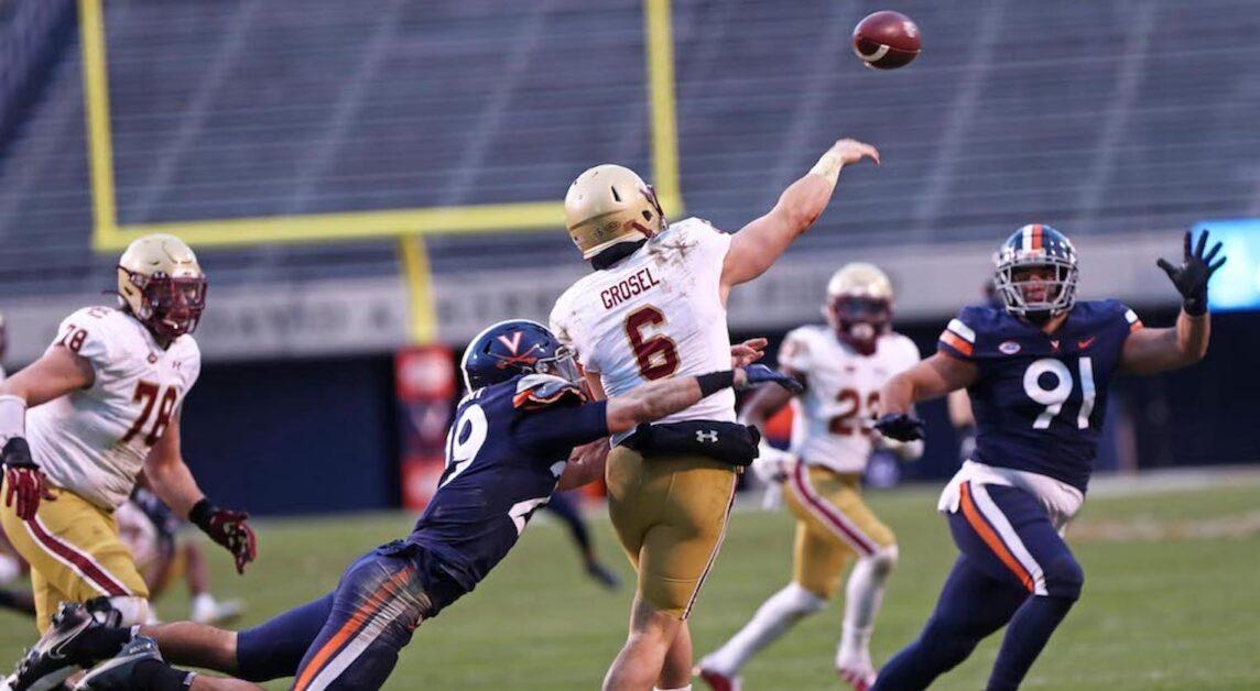 ERIN EDGERTON/THE DAILY PROGRESS Boston College Eagles quarterback Dennis Grosel (6) throws the ball during a game against the Virginia Cavaliers on Saturday at Scott Stadium.