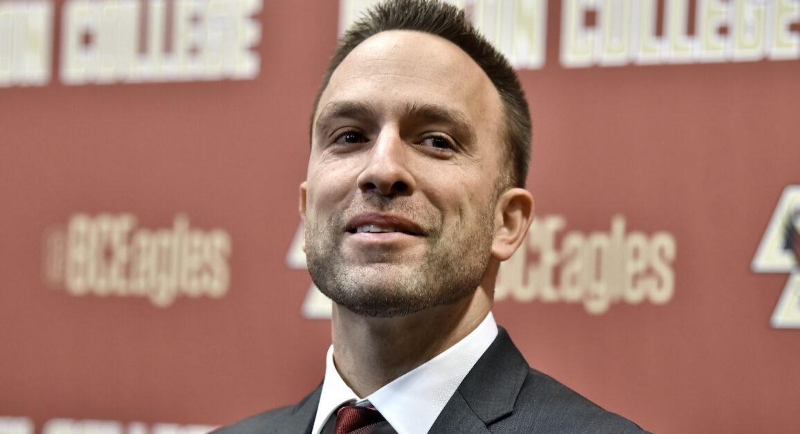 Jeff Hafley speaks at a news conference where he was introduced as the new NCAA college football head coach at Boston College, Monday, Dec. 16, 2019, in Boston. (AP Photo/Josh Reynolds)