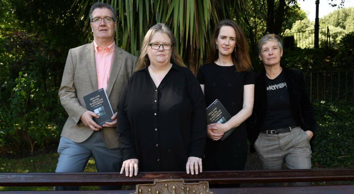 The launch of Ireland and the Magdalene Laundries. A campaign for Justice. Pictured authors James M Smith, Claire McGettrick, Maeve O'Rourke and Katherine O'Donnell . Pictured at the memorial seat to the women of the Laundries in Saint Stephen's Green. J09/09/2021