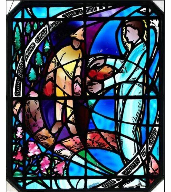 Designed by renowned Newtonville artist Charles J. Connick, one of the glass panels depicted Robert Frost's "Mending Wall."