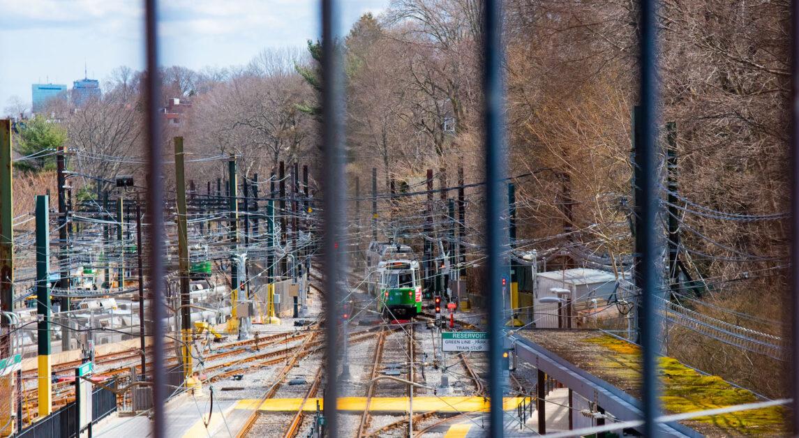A Green Line train leaving the MBTA Reservoir station. (Nicole Vagra/Heights Editor)