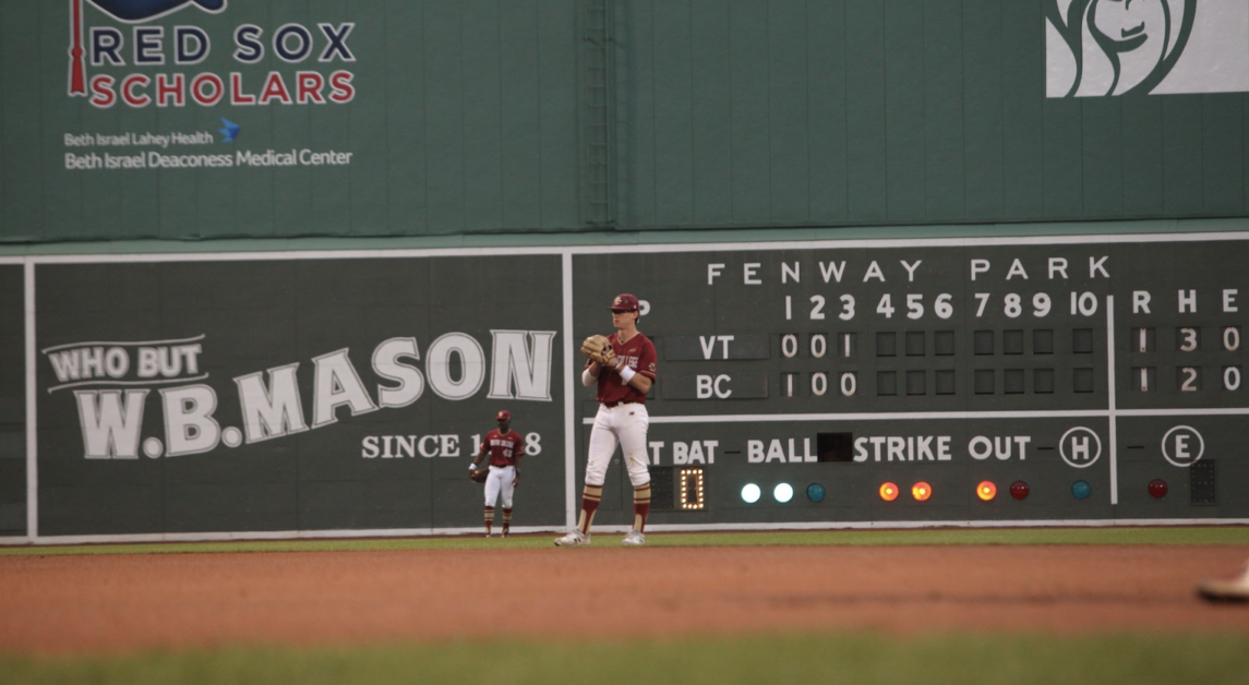 With the Green Monster in the backdrop, Sam McNulty and Rafe Chaumette field their positions in BC's 6–1 loss to No. 8 Virginia Tech. (Ethan Ott / Heights Editor)