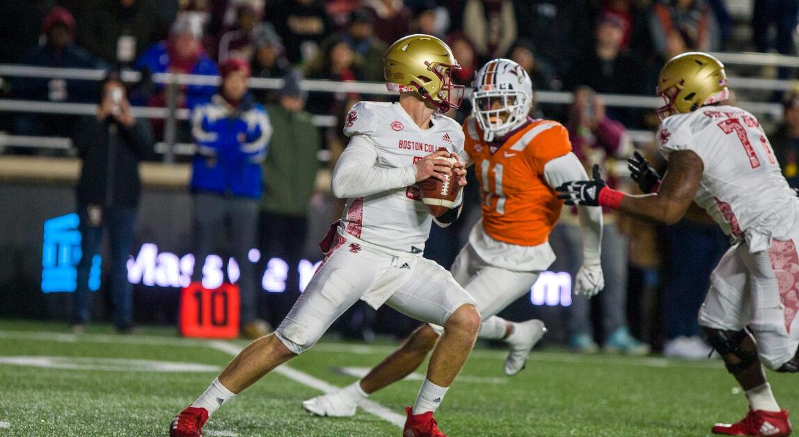 Quarterback Phil Jurkovec was sacked five times in Saturday's 27–10 loss to Virginia Tech. (Nicole Wei / Heights Staff)