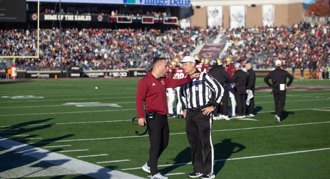 BC head football coach Jeff Hafley spoke to the media Sunday after a 44-14 loss to FSU Saturday night. (Steve Mooney / Heights Editor)