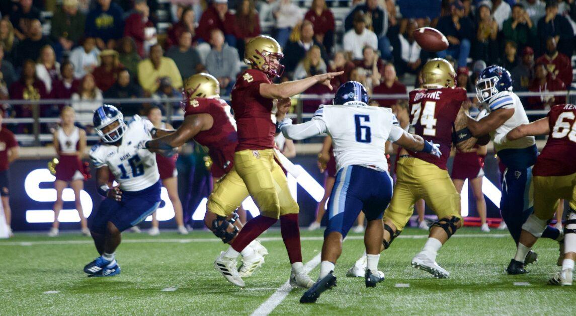Eagles quarterback Phil Jurkovec threw for 320 yards against Maine Saturday night. (Aditya Rao / Heights Staff)