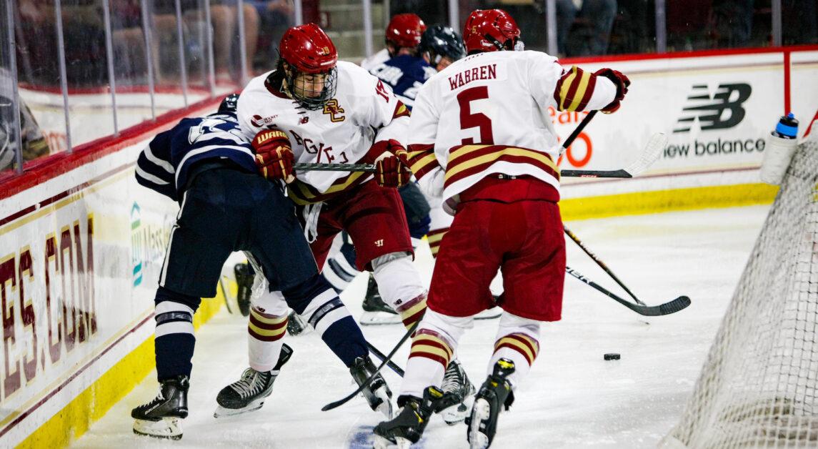 Mitch Benson recorded 22 saves in the Eagles’ 5–0 shutout of New Hampshire. (Kellen Davis / Heights Staff)