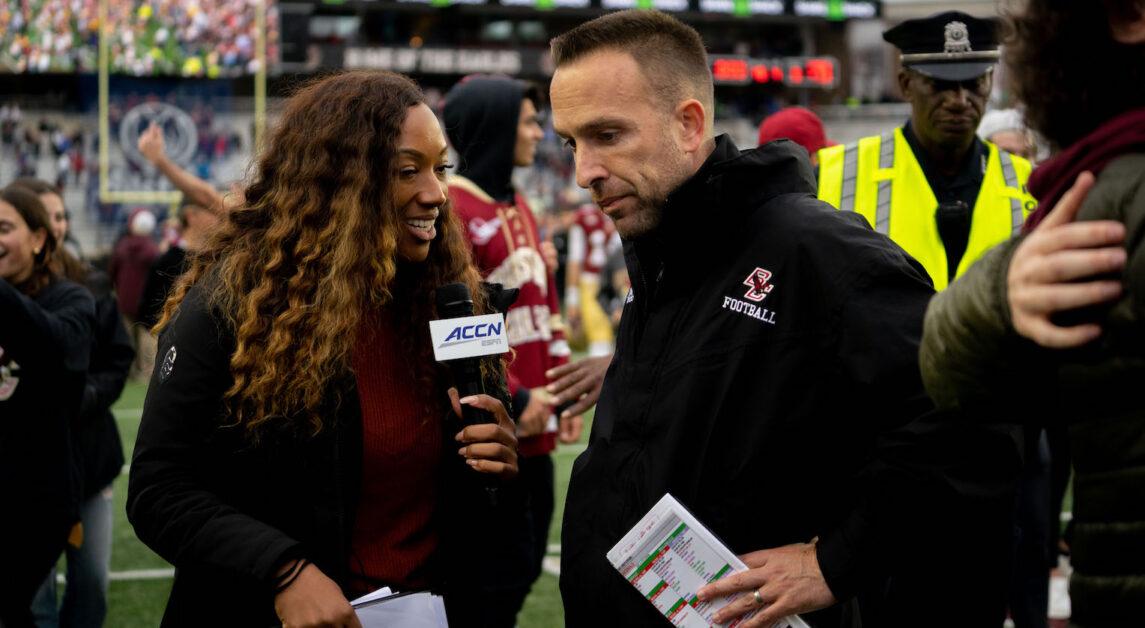 BC head football coach Jeff Hafley spoke to the media Sunday after the Eagles’ 34–33 nail-biting win over Louisville Saturday.                (Nicole Wei / Heights Staff)