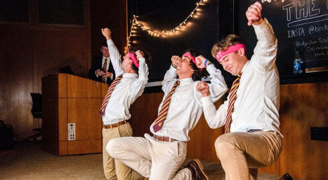 Each year, the Dance Organization of BC dance group teaches the Heightsmen freshmen a special dance performance for their fall showcase set, Nov. 11, 2022 (Nicole Vagra / Heights Editor)