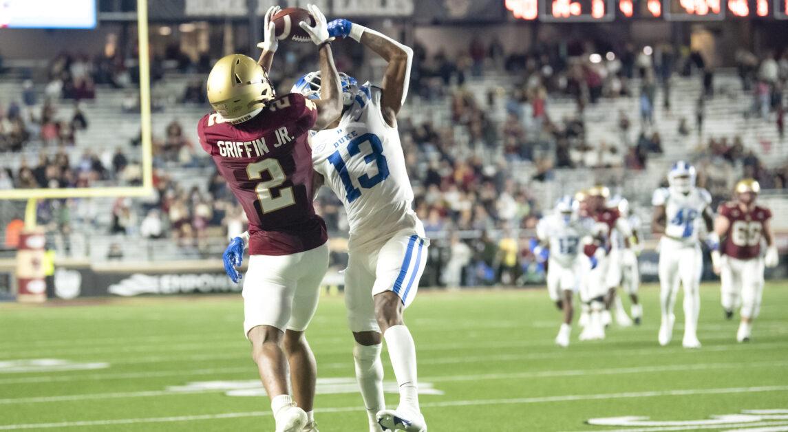 Duke’s Riley Leonard, who leads all FBS quarterbacks in rushing yards, accumulated 96 yards on the ground and a rushing touchdown against BC. (Brody Hannon / For The Heights)