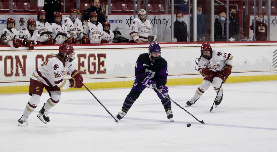 With two offensive weapons out of BC’s lineup, Katie Pyne stepped up and scored two goals to earn BC a 4–2 victory over Holy Cross. (Aditya Rao / Heights Staff)