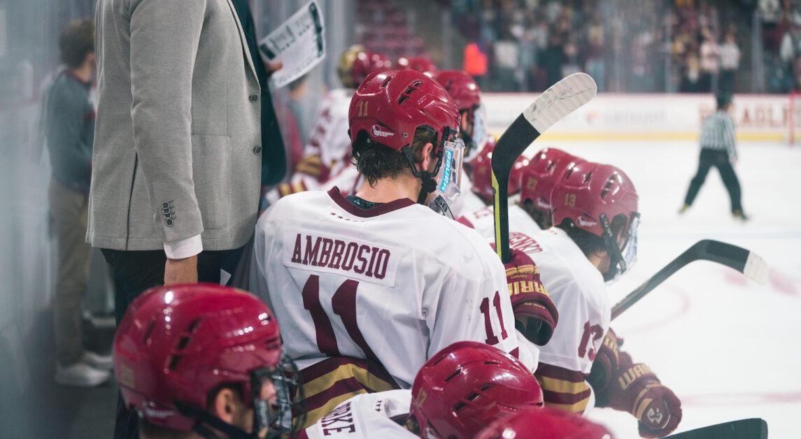 Colby Ambrosio tallied the Eagles’ fifth goal of the night by batting the puck out of midair past Arizona State’s TJ Semptimphelter. (Chris Ticas / Heights Editor)