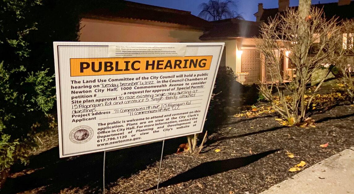 The property, located at 15 Algonquin Rd., would become five single-family units if the Newton City Council approves the measure. (MC Claverie / Heights Editor)