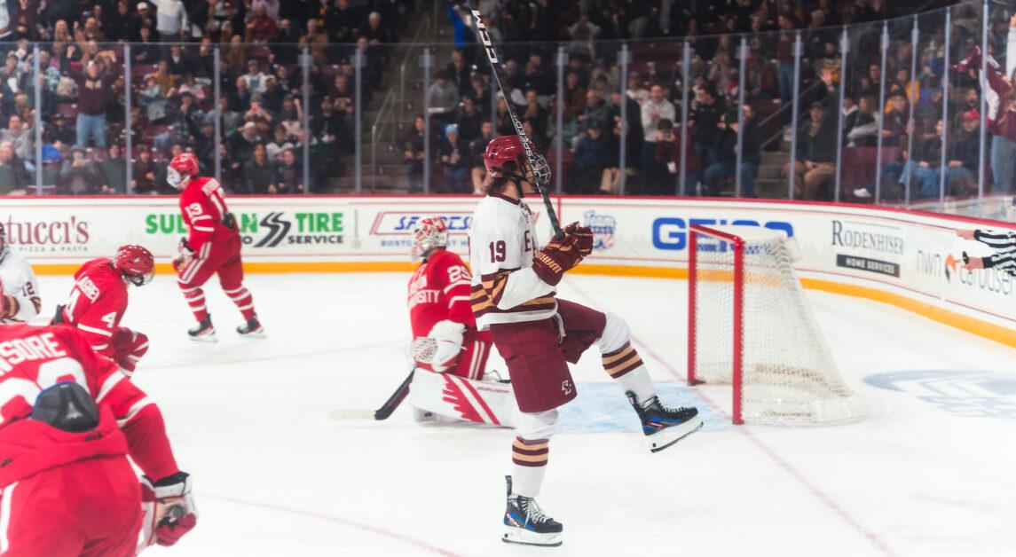 In the 288th edition of the Battle of Comm. Ave., freshman Cutter Gauthier scored twice and registered four points. (Chris Ticas / Heights Staff)