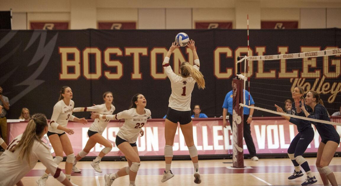  After defeating St. John’s in the second round of the 2022 National Invitational Volleyball Championship, the Eagles climbed back from a 2–1 set deficit to clinch their 22nd win of the season for a program record. (Callie Oxford / For The Heights)