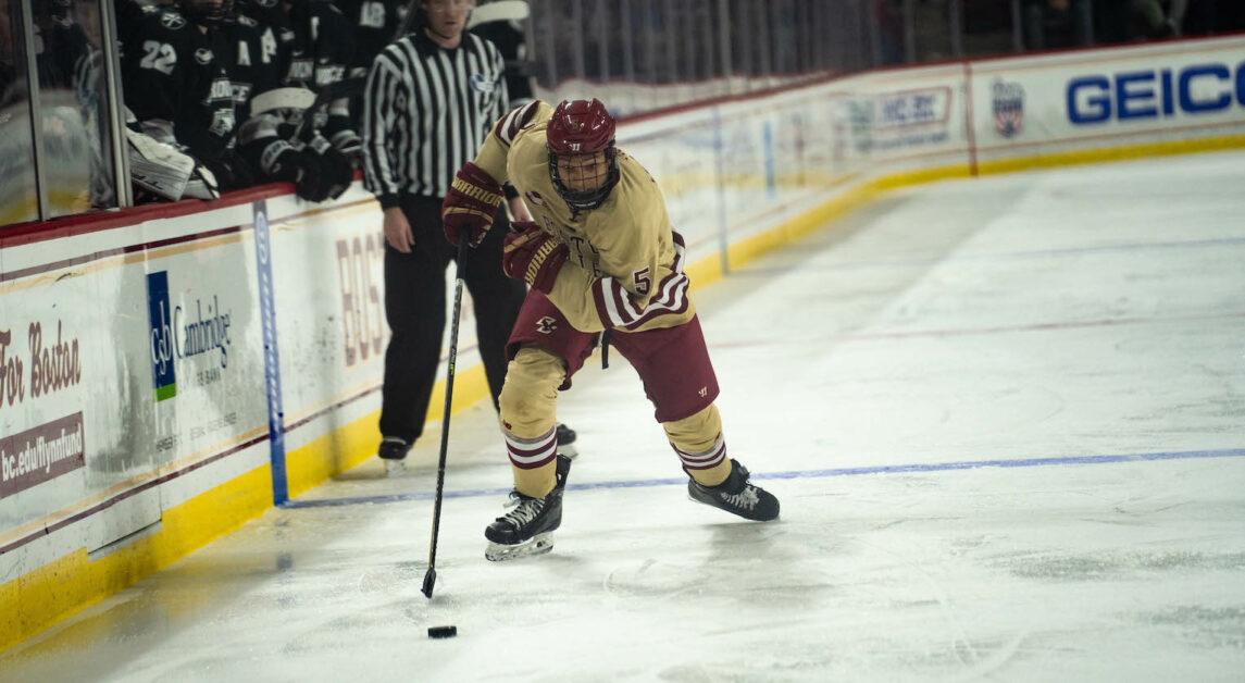 With his second goal of the season, BC captain Marshall Warren quieted Sacred Heart’s newly built arena just over a minute into the 3-on-3 overtime period. (Kenneth Chen / Heights Staff)