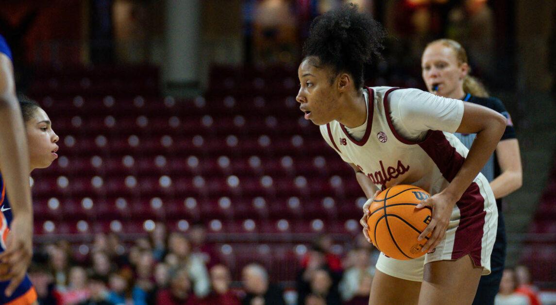Junior guard Dontavia Waggoner, the Eagles’ leading scorer, was forced to sit out of BC’s Thursday night affair with the Hurricanes due to an ankle injury. (Kenneth Chen / For The Heights)