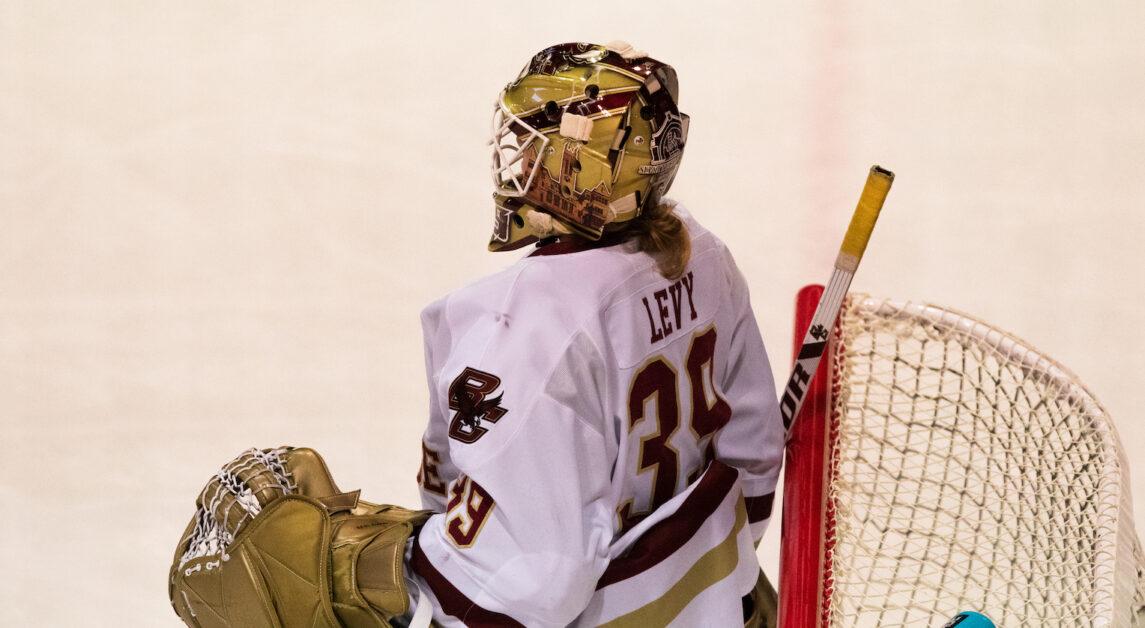 Despite facing five Northeastern powerplays, Goaltender Abigail Levy held the Huskies scoreless throughout the first 62 minutes of gameplay. (Chris Ticas / Heights Editor)