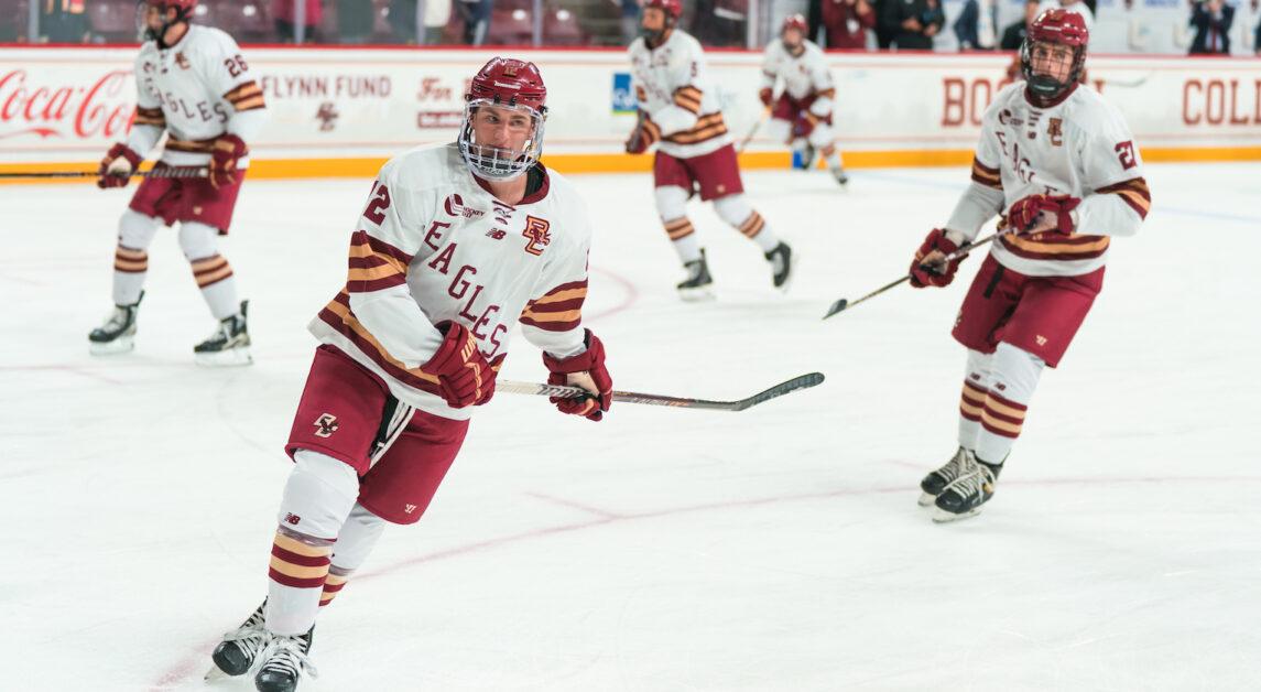 Mike Posma and Cutter Gauthier scored in the final five minutes of the game, cutting BC’s deficit to three goals, but the score gap was too big to overcome. (Chris Ticas / Heights Editor)