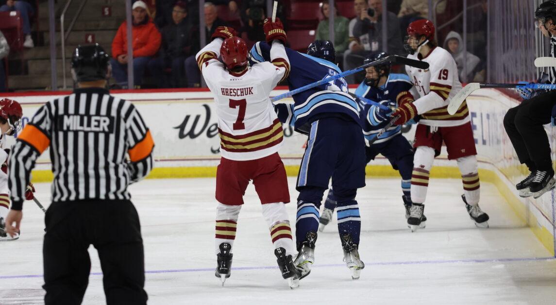 BC goaltender Mitch Benson let in five goals despite only facing 23 shots. (Kellen Davis / Heights Staff)