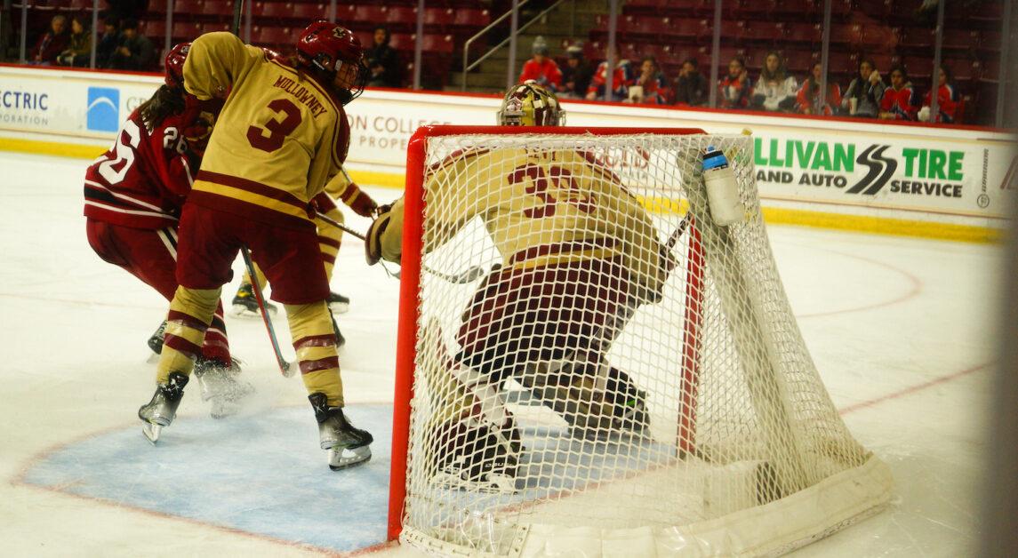 BC goaltender Abigail Levy (above) registered 30 saves in the Eagles' 3–0 shutout against Harvard—her fifth shutout of the season. (Nicole Wei / Heights Staff)