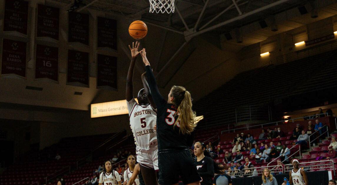 Maria Gakdeng (above) is one of two players in the ACC to register a game of at least 20 points, 10 rebounds and five blocks—she finished with 20 points, 12 rebounds, and five blocks on Sunday. (Kenneth Chen / Heights Staff)