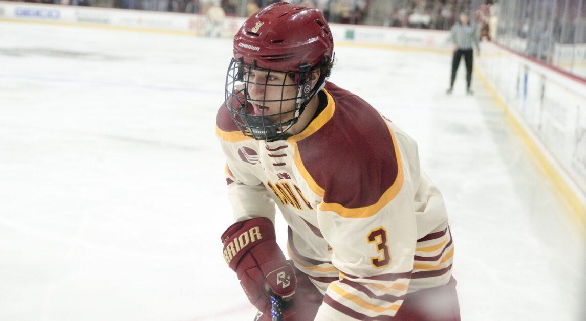 Freshman defenseman Seamus Powell recorded his first collegiate goal in the contest. (Alina Chen / Heights Staff)