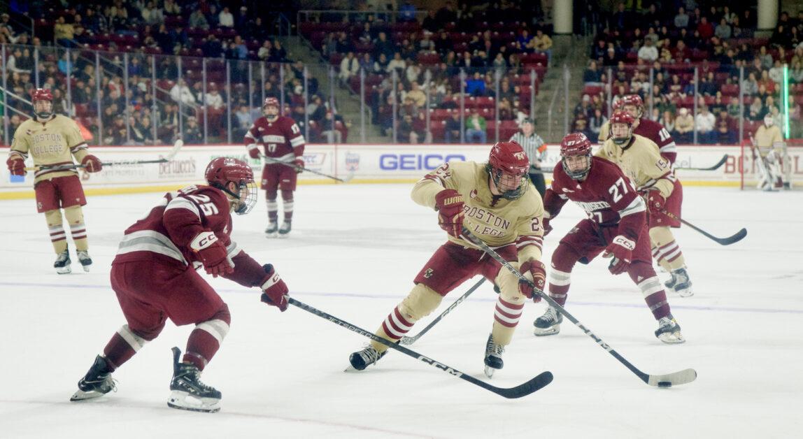 Nikita Nesterenko recorded a hat trick in BC’s 7–3 win. (Alina Chen / Heights Staff)