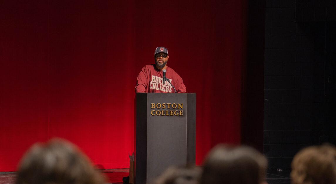 Terrence Floyd highlights advocacy in a UGBC event that sold out Robsham Theater on Tuesday, Feb. 14, 2023 (Kenneth Chen / Heights Staff).