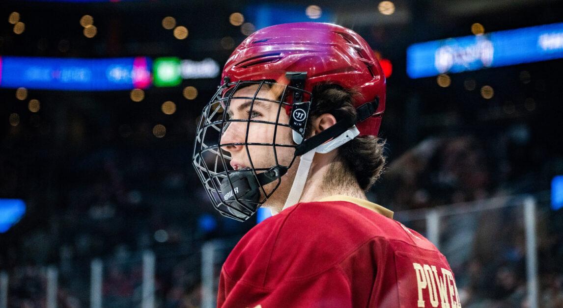 Boston College men’s hockey defenseman Eamon Powell prepares for the game during warmups on Monday, Feb. 6, 2023. (Nicole Vagra / Heights Editor)