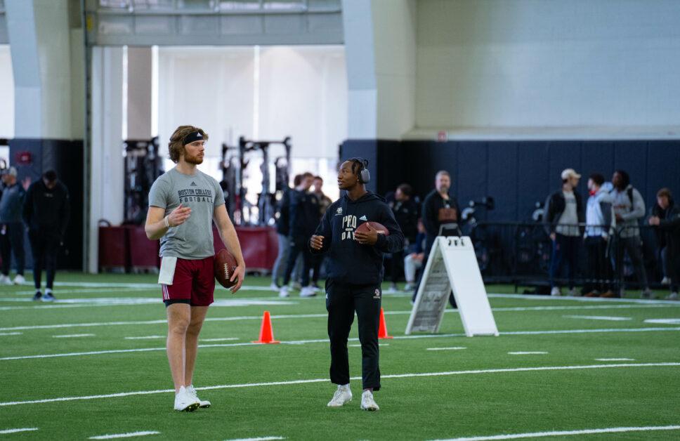 Boston College football wide receiver Zay Flowers participated in position drills in front of hundreds of spectators on Friday at BC's Pro Day.