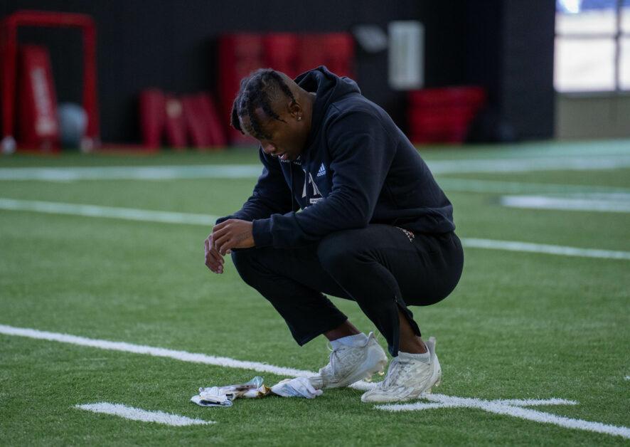 Boston College football wide receiver Zay Flowers participated in position drills in front of hundreds of spectators on Friday at BC's Pro Day.