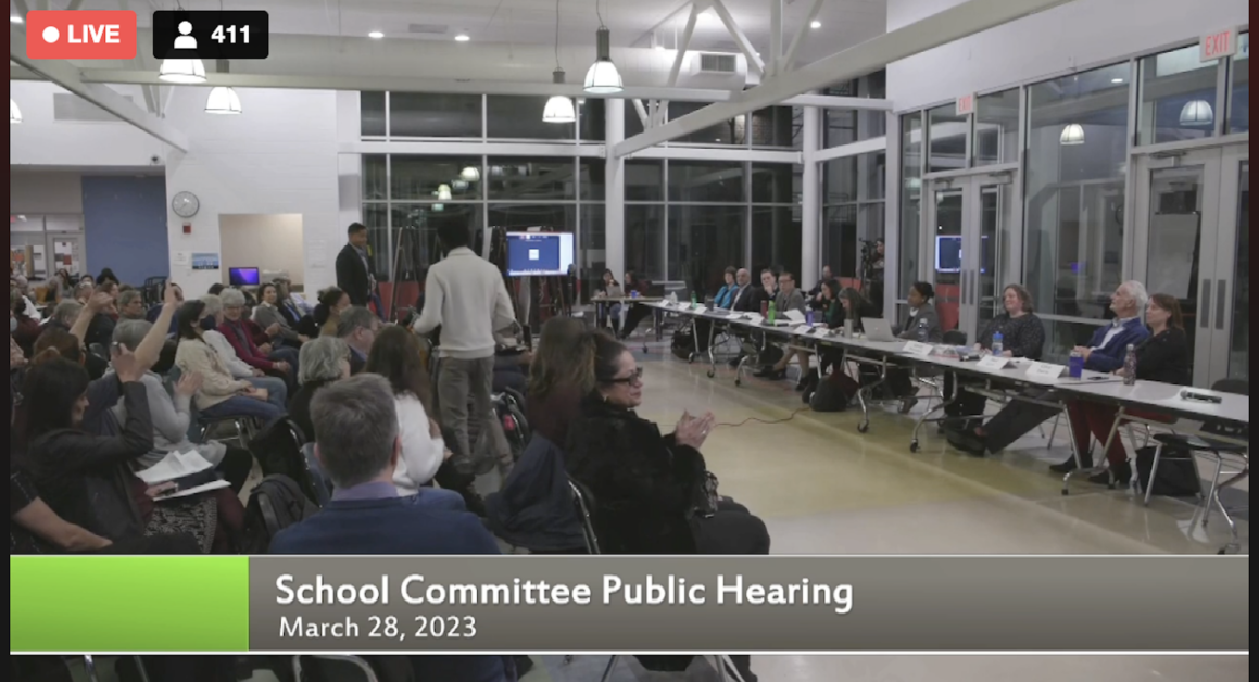  The meeting drew over 250 residents to Newton North High School on Tuesday night. (Ella Song / Heights Editor)