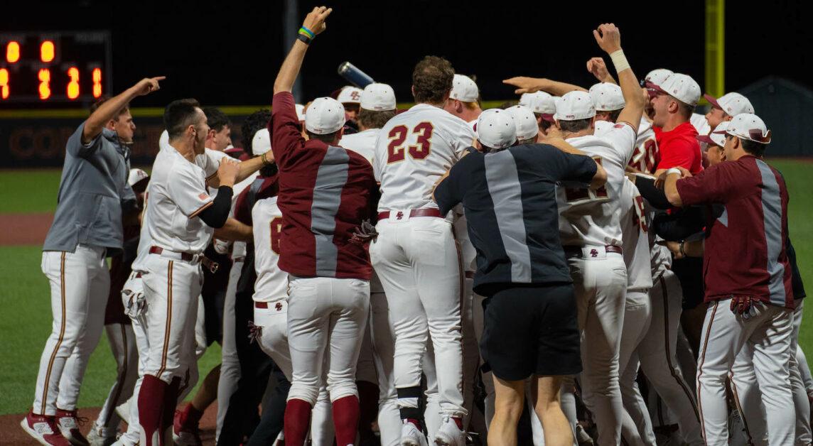 After the Eagles turned a crucial double play in the bottom of the ninth inning to send the game to extra innings, Sam McNulty delivered the final blow with a two-RBI single to establish a 9–7 lead in the top of the 10th. (Kenneth Chen / Heights Staff)