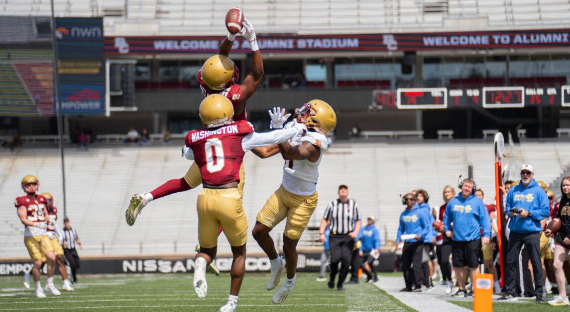 BC defensive back Victor Nelson attempts to catch the ball during the Jay McGillis Memorial Spring Game on Saturday, April 15, 2023 (Kenneth Chen / Heights Staff).