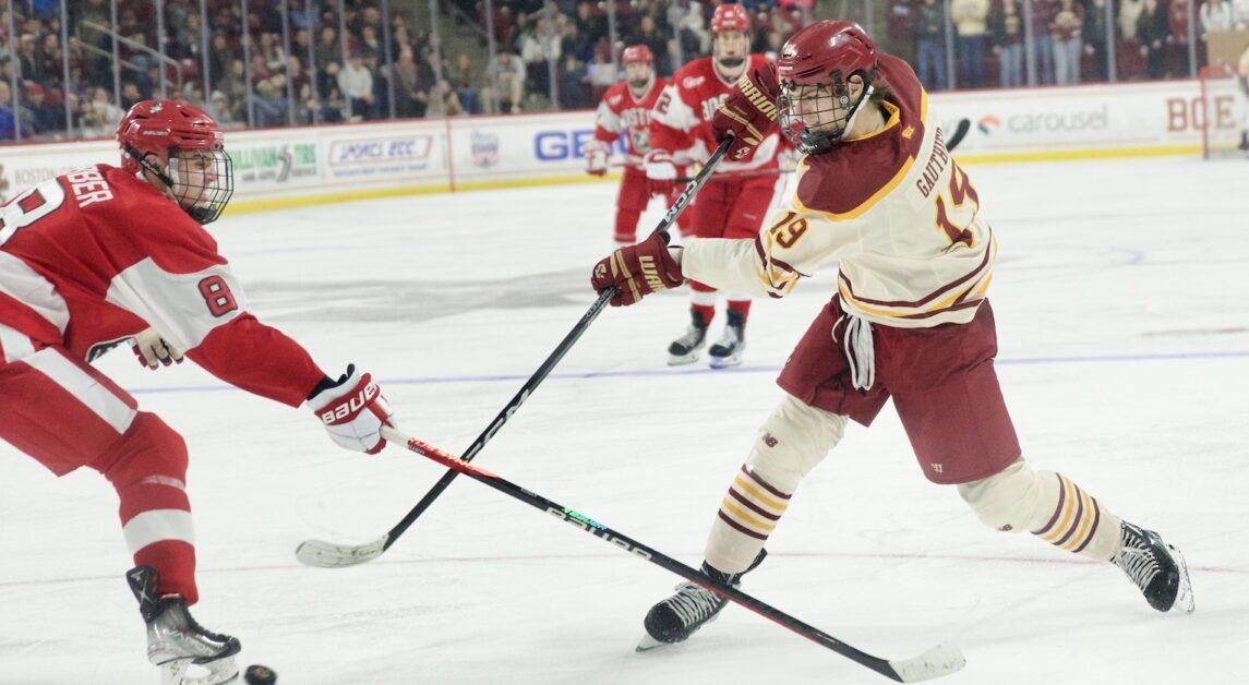 Gauthier snaps a wrist shot from the far-post side in the 2023 Beanpot consolation round against Boston University. (Alina Chen / Heights Staff)